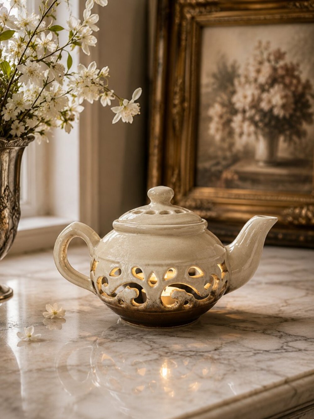 Vintage Ornate Pierced Ivory Candle Tea Light HolderTeapot